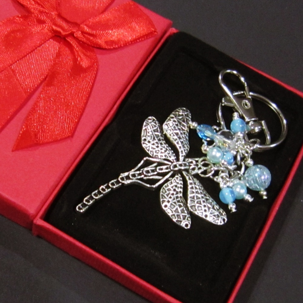 NEW Dragonfly blue beads Keychain Purse Charm
